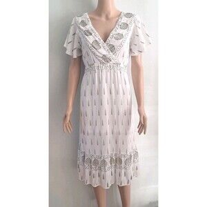 Lapogee Women’s Midi Dress Size S White Black Print Rayon Lined Elastic Waist...